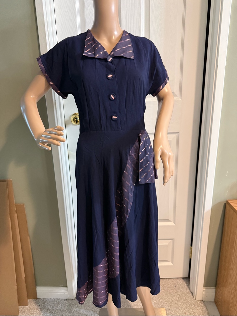 Vintage 1940s 40s Navy Blue Dress WWII Era Midi Size S Buttons Fit & Flare